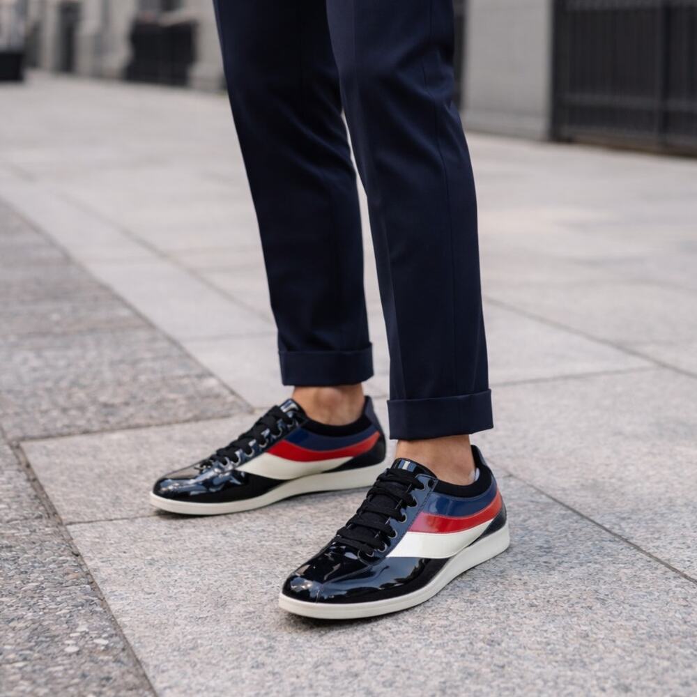 New Gucci Falacer Patent Leather Tricolor Striped Sneakers Men Size 7.5